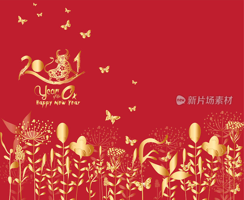 2021 Chinese New Year vector illustration with flowers, Chinese typography Happy New Year, ox. Gold on red. Concept holiday card, banner, poster, decor element